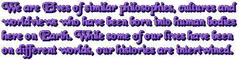 We are Elves of similar philosophies, culture, and worldviews who have been reborn into human bodies here on Earth. While we have spent our past lives on different worlds, our histories are intertwined.